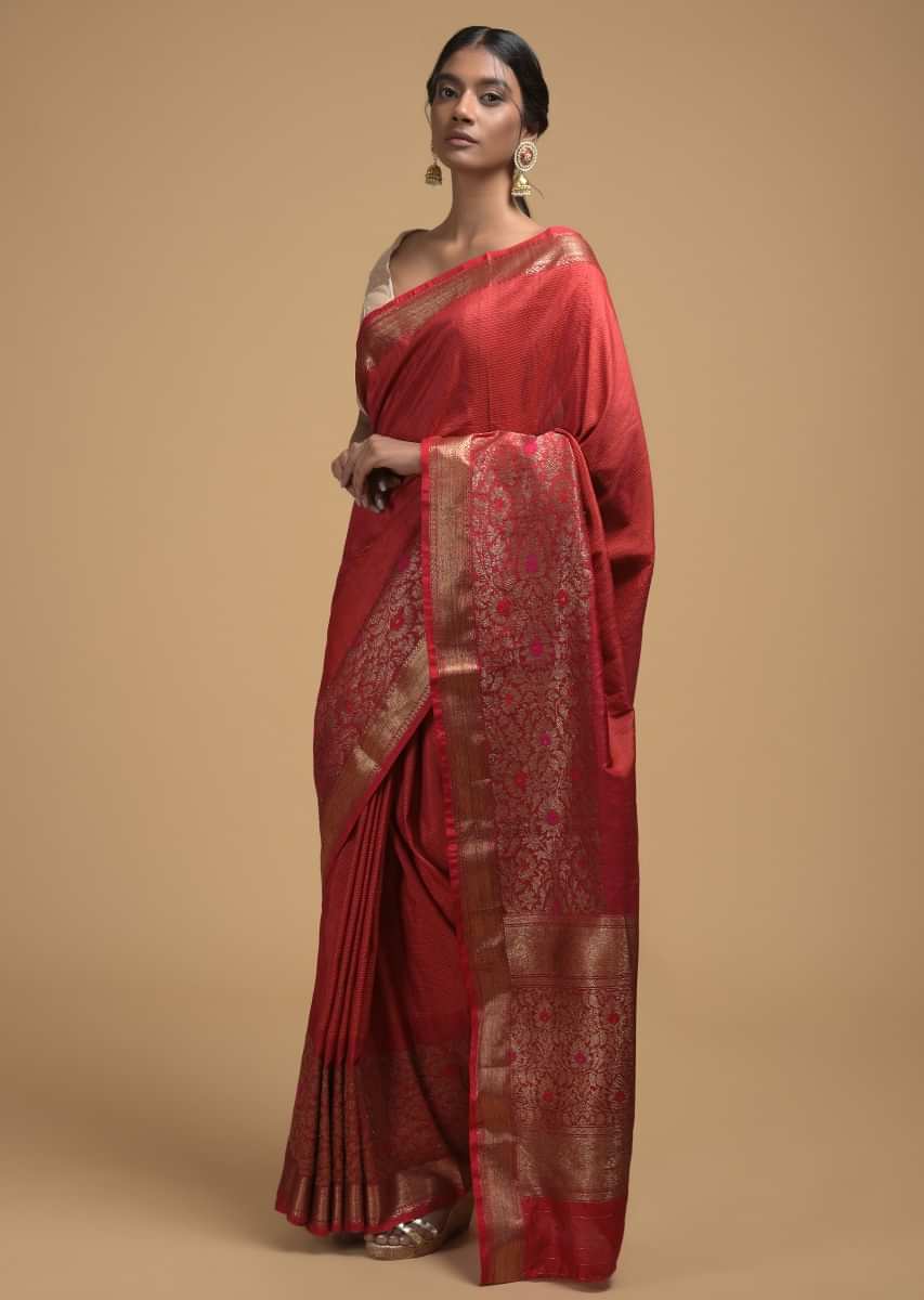 Fiery Red Pure Handloom Saree In Tussar Silk With Woven Stripes And Floral Border