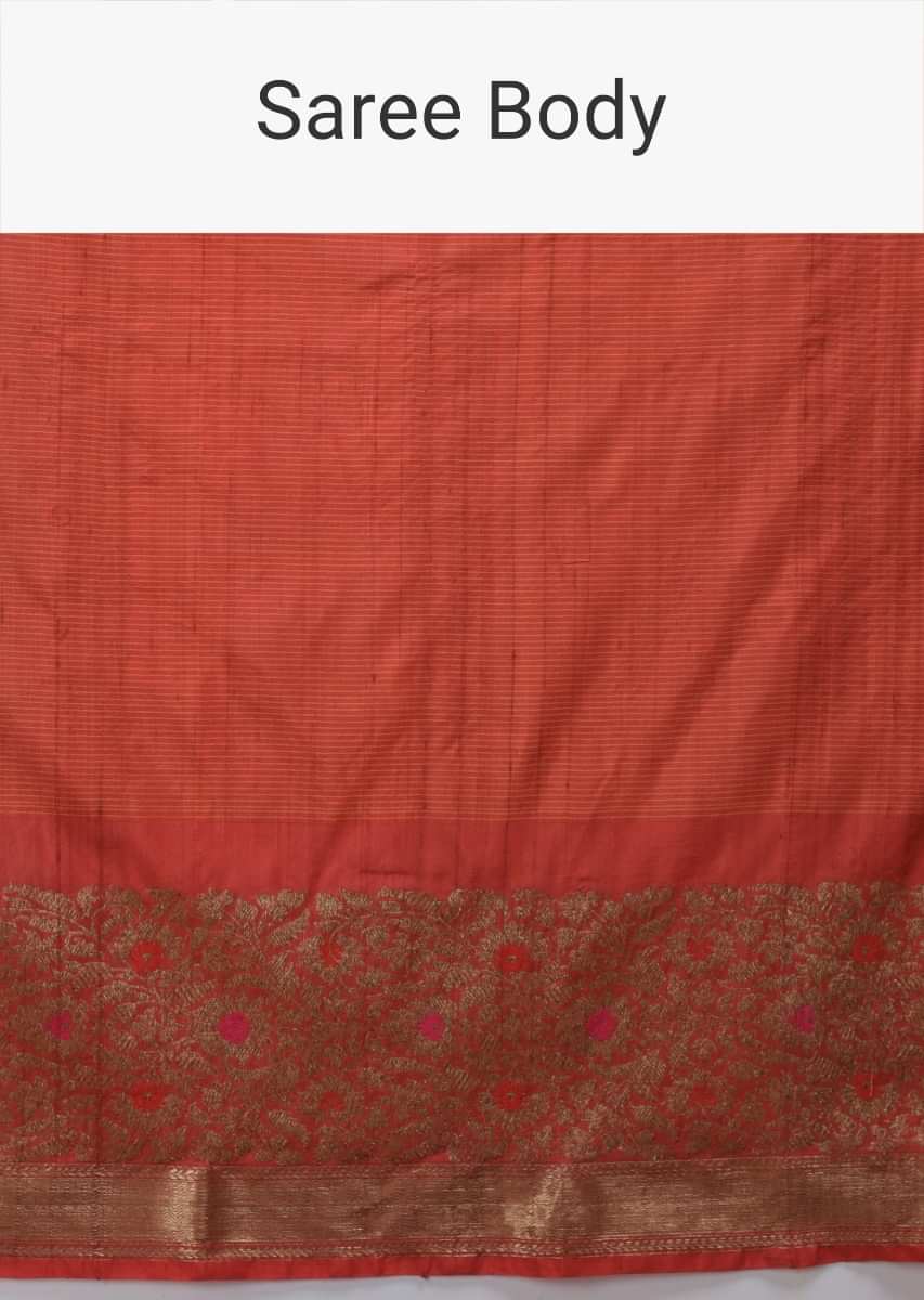 Fiery Red Pure Handloom Saree In Tussar Silk With Woven Stripes And Floral Border