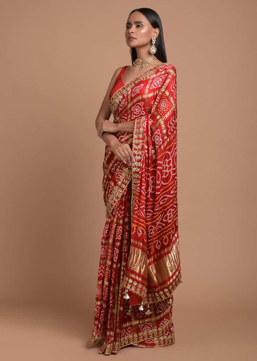 Fiery Red Saree In Cotton With Bandhani All Over And Woven Zari Checks