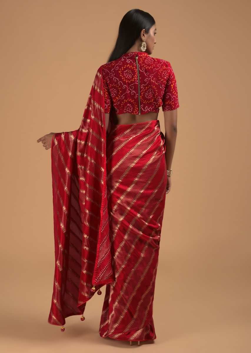 Buy Fiery Red Saree In Dola Silk With Woven Zig Zag Stripes Online ...