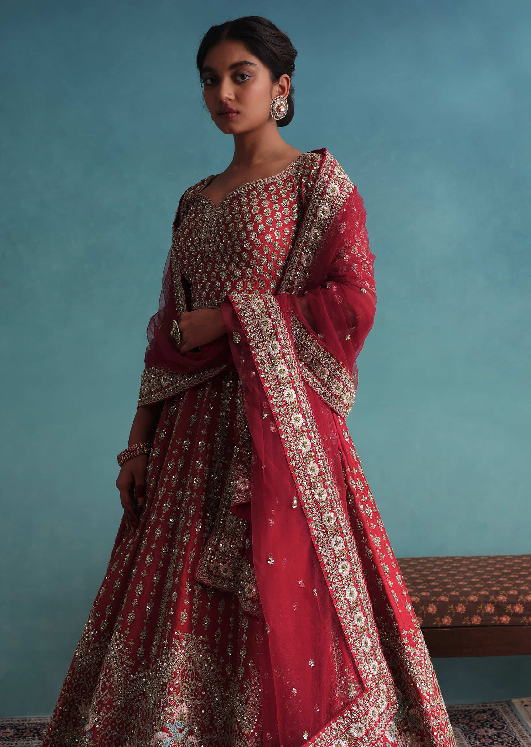 Fiery Red Embroidered Bridal Lehenga With 12 Kali And Floral Hand Embroidery
