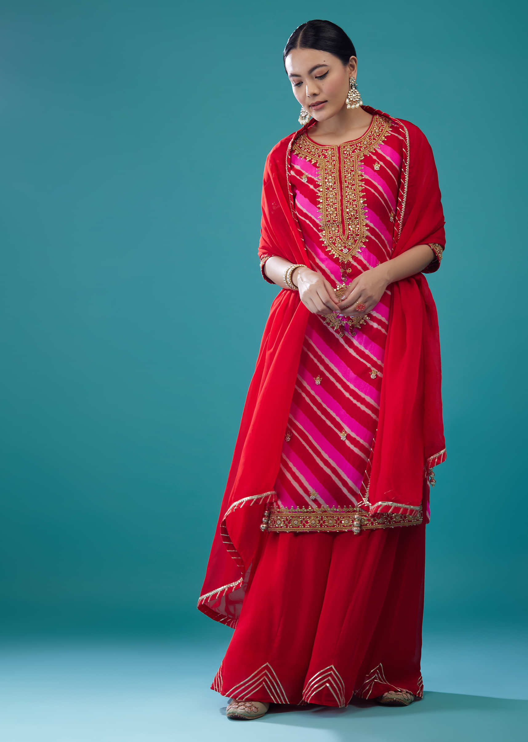 Rose Red Georgette Leheriya Palazzo Set With Embroidery