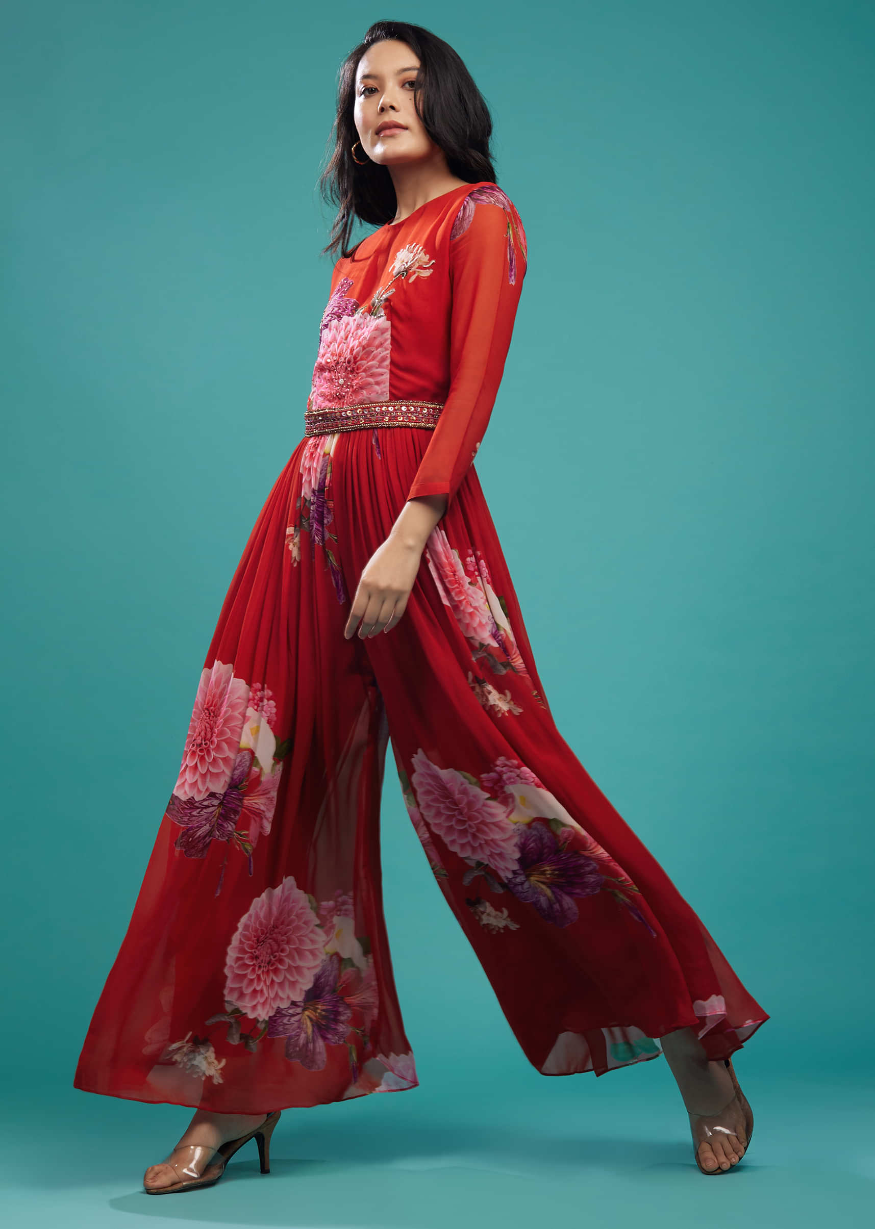 Fiery Red Pleated Jumpsuit In Floral Print And Hand Embroidered Waist Belt