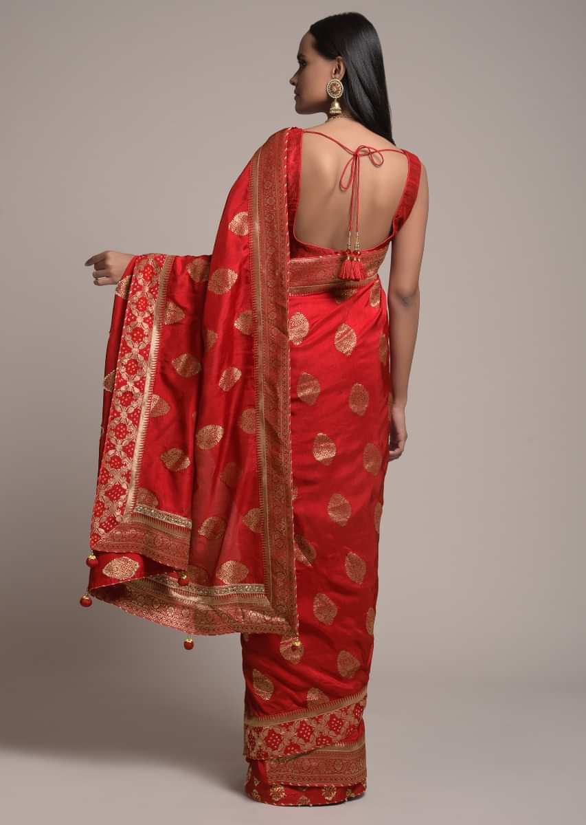 Fiery Red Saree In Dola Silk With Brocade Buttis And Mirror Work On The Pallu