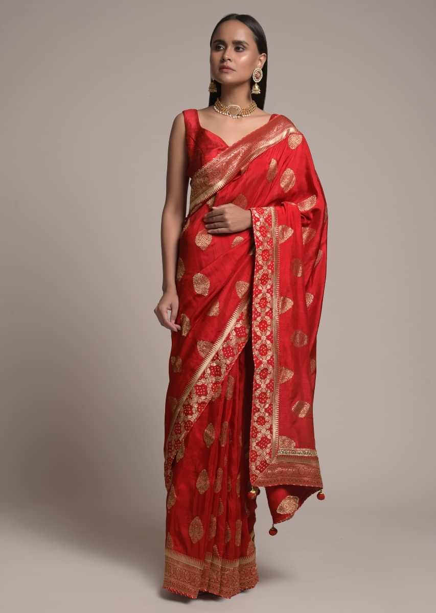 Fiery Red Saree In Dola Silk With Brocade Buttis And Mirror Work On The Pallu
