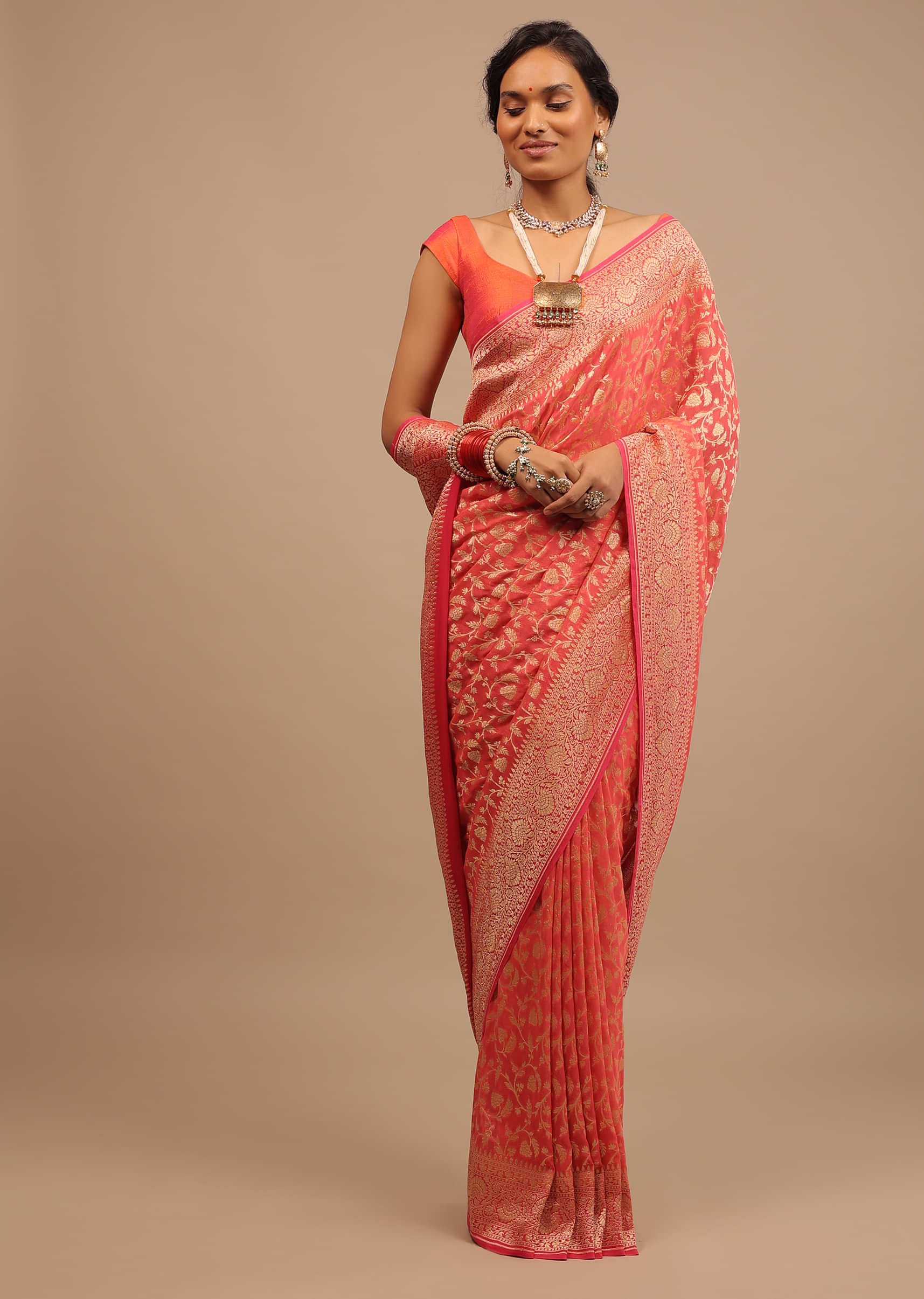 Peach Pink Saree In Georgette With Woven Jaal Work