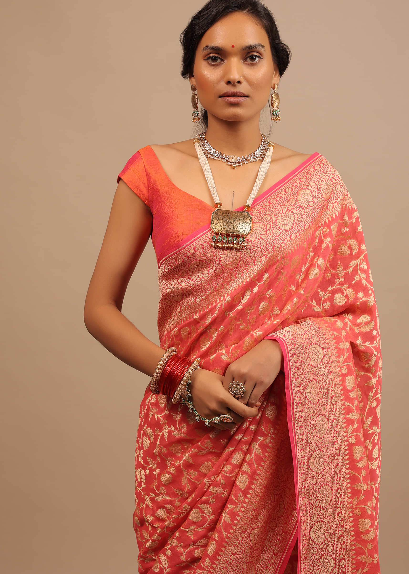 Peach Pink Saree In Georgette With Woven Jaal Work