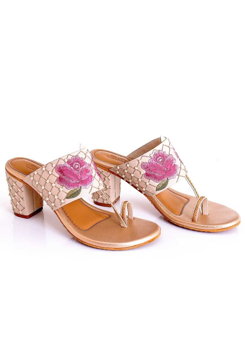 Fiona Cream Block Heels With Blush Pink Embroidered Flowers And Gold Jaal Of Beads And Zari By Sole House