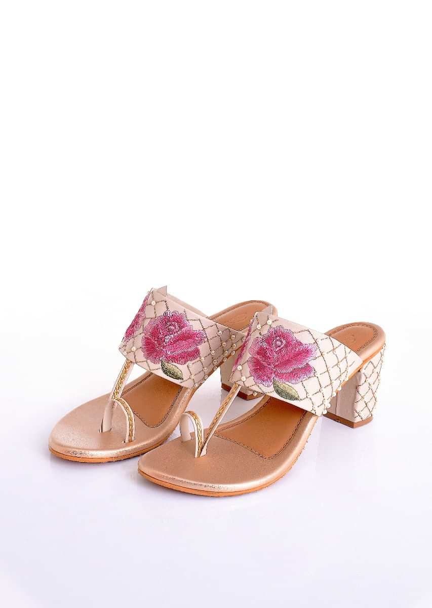 Fiona Cream Block Heels With Blush Pink Embroidered Flowers And Gold Jaal Of Beads And Zari By Sole House