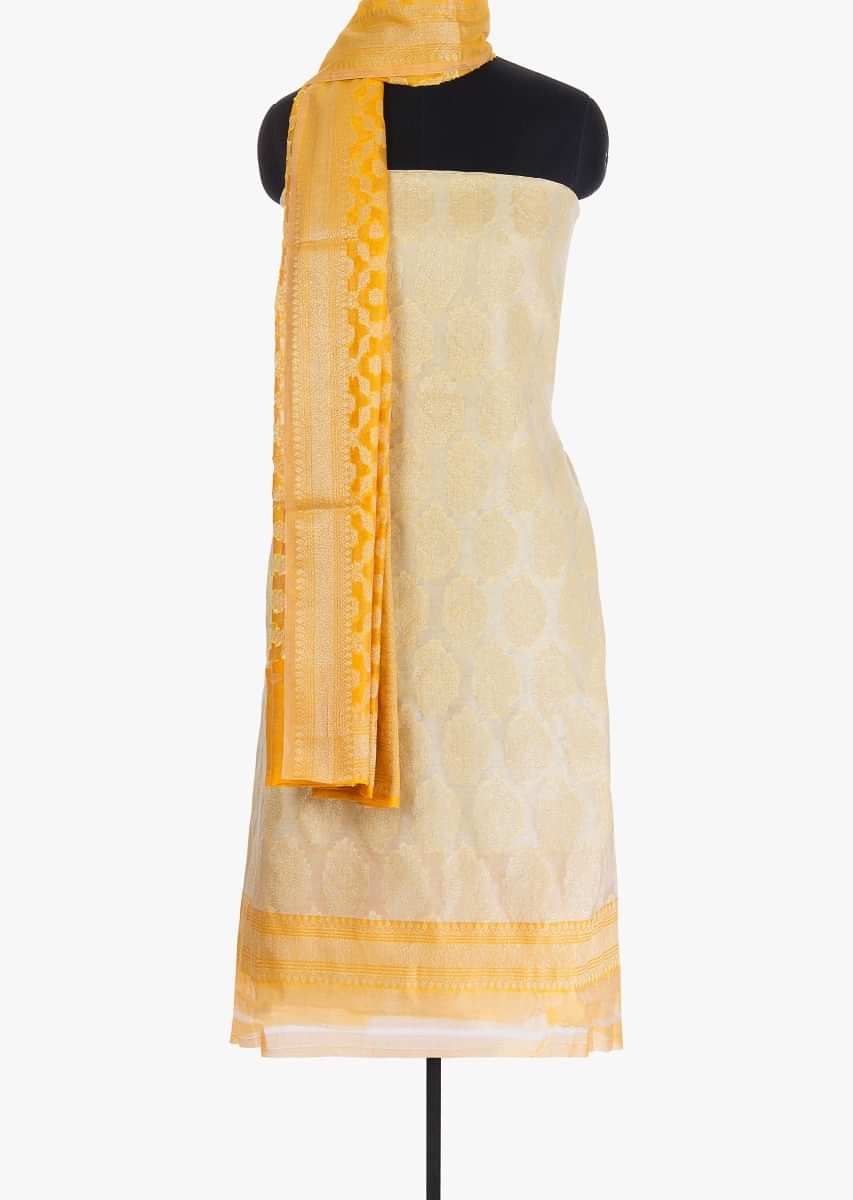 Fire yellow unstitched suit in weaved jaal work