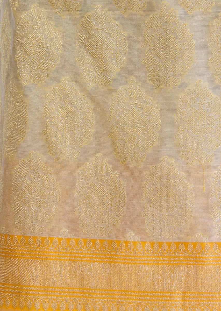 Fire yellow unstitched suit in weaved jaal work