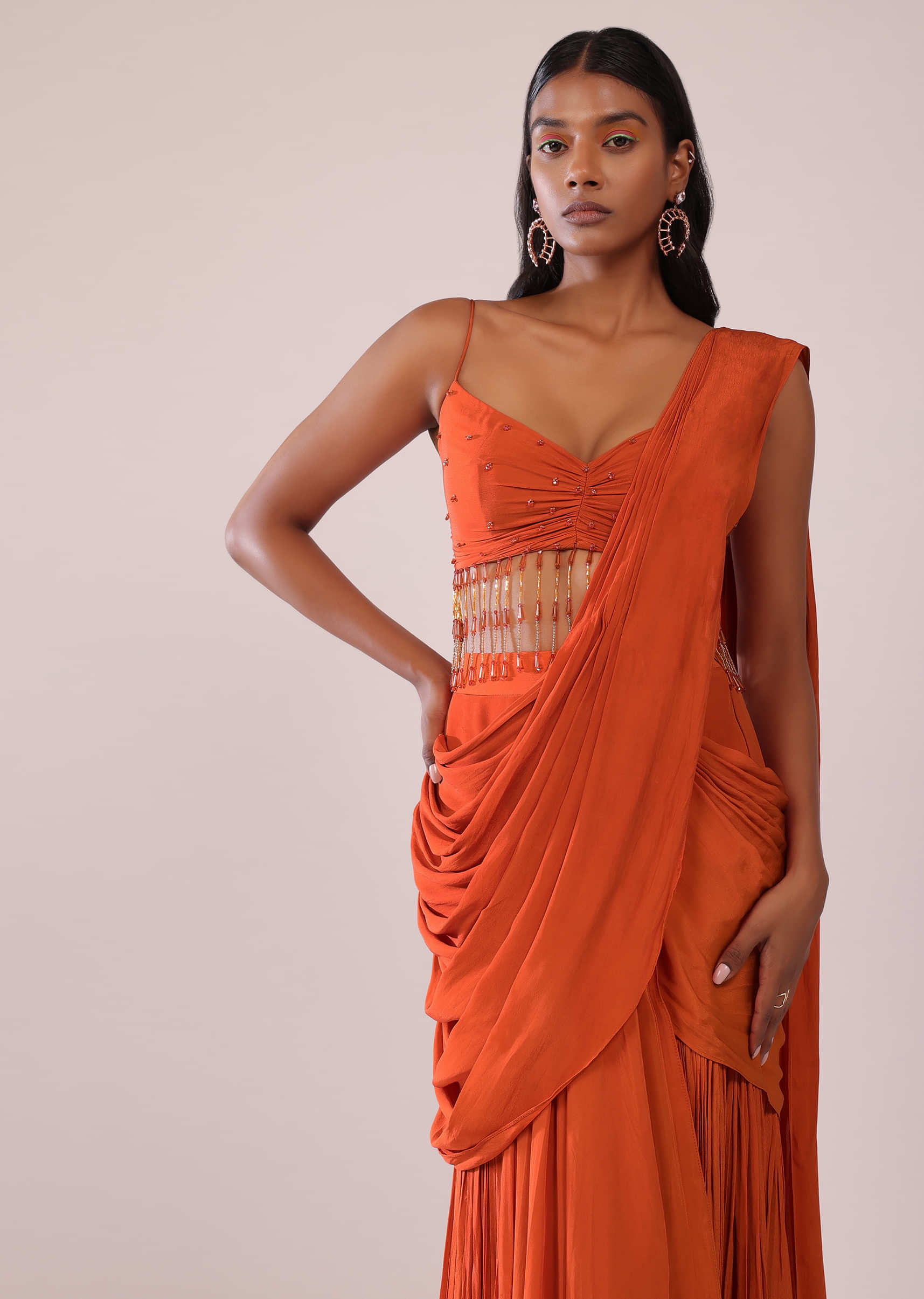 Buy Orange Crepe Drape Saree And Blouse With Crystal Tassels All Over KALKI  Fashion India