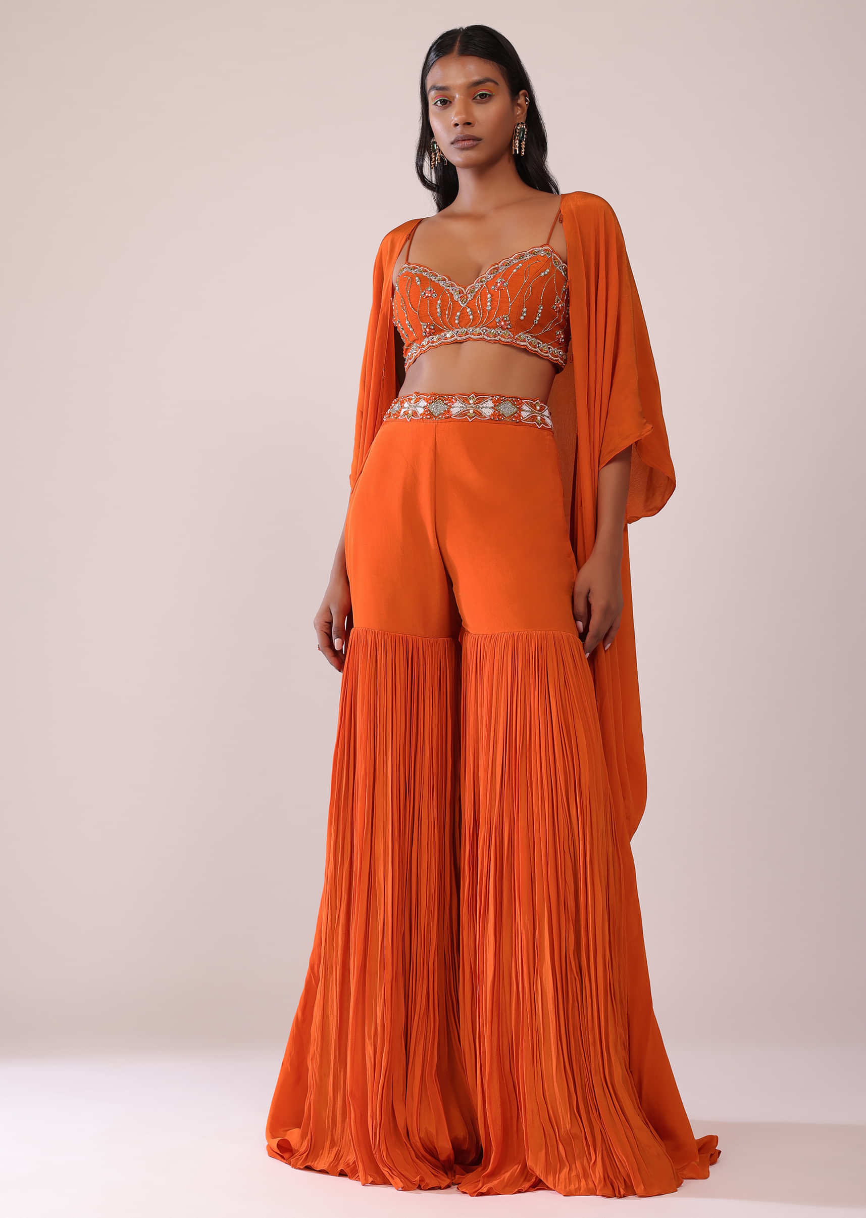 Buy Cloud Cream Sharara Pants And A Crop Top In Cut Dana Embroidery Topped  With A Bandhani Jacket, Crop Top Comes In Sleeveless With A V Neckline