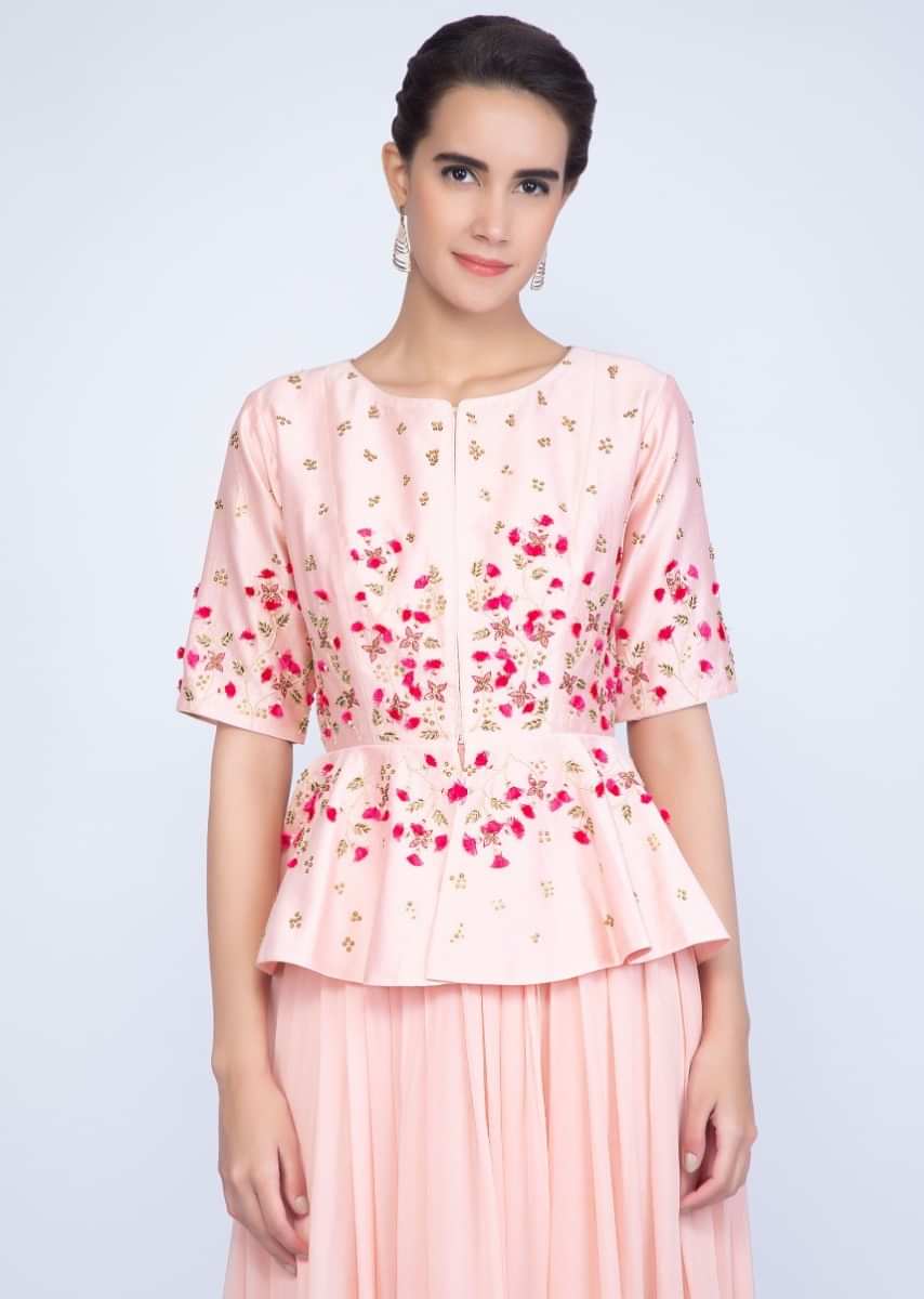 Flamingo Pink Dress In Georgette With Matching Peplum Style Embroidered Jacket Online - Kalki Fashion