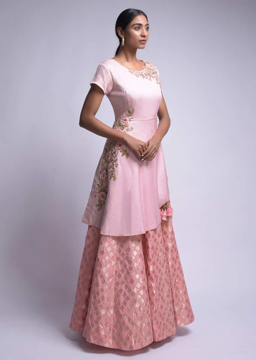 Flamingo Pink Lehenga And Pastel Pink Top With Brocade Buttis And Floral Embroidery Online - Kalki Fashion