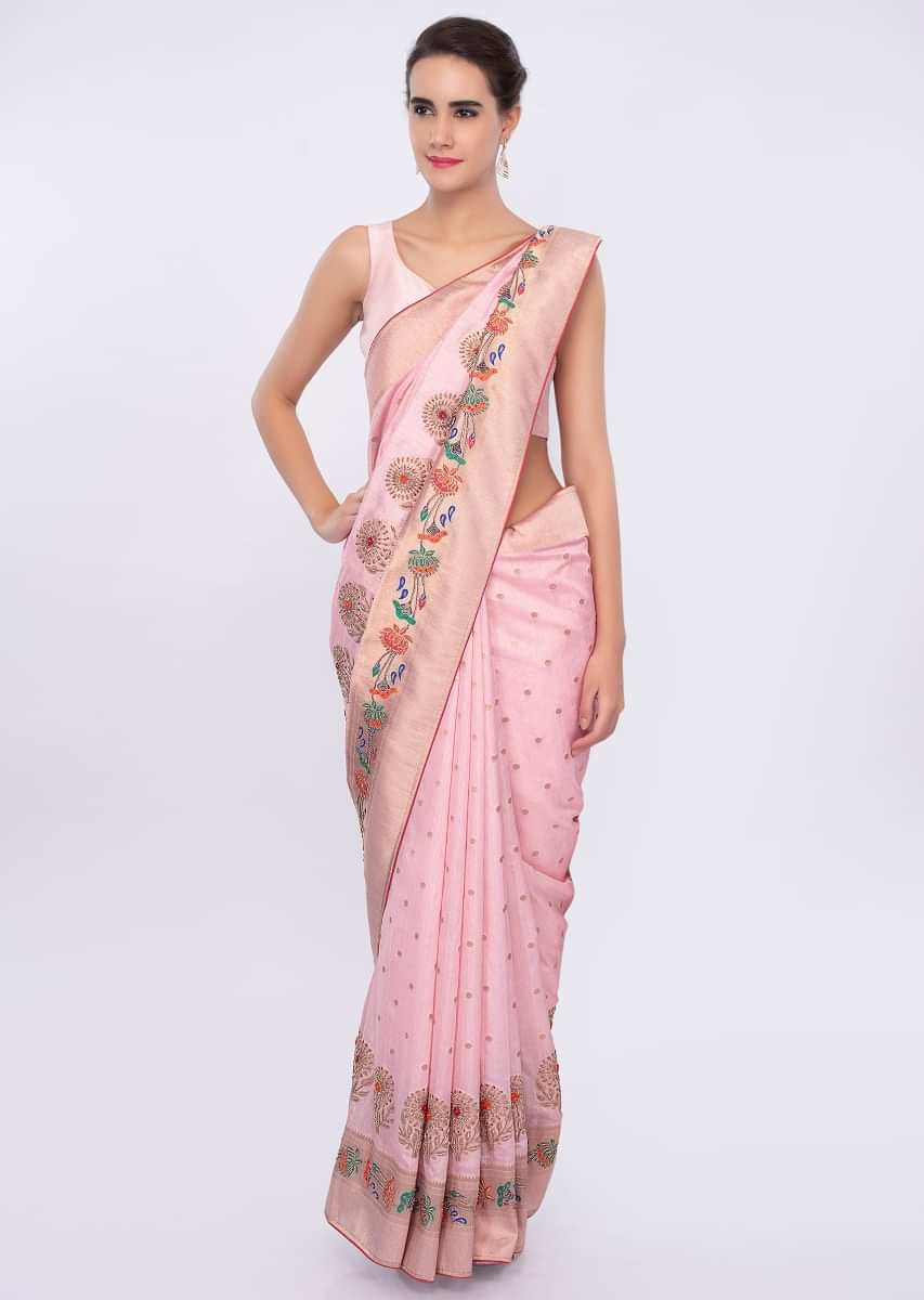 Flamingo pink linen saree with weaved and zardosi work  only on Kalki