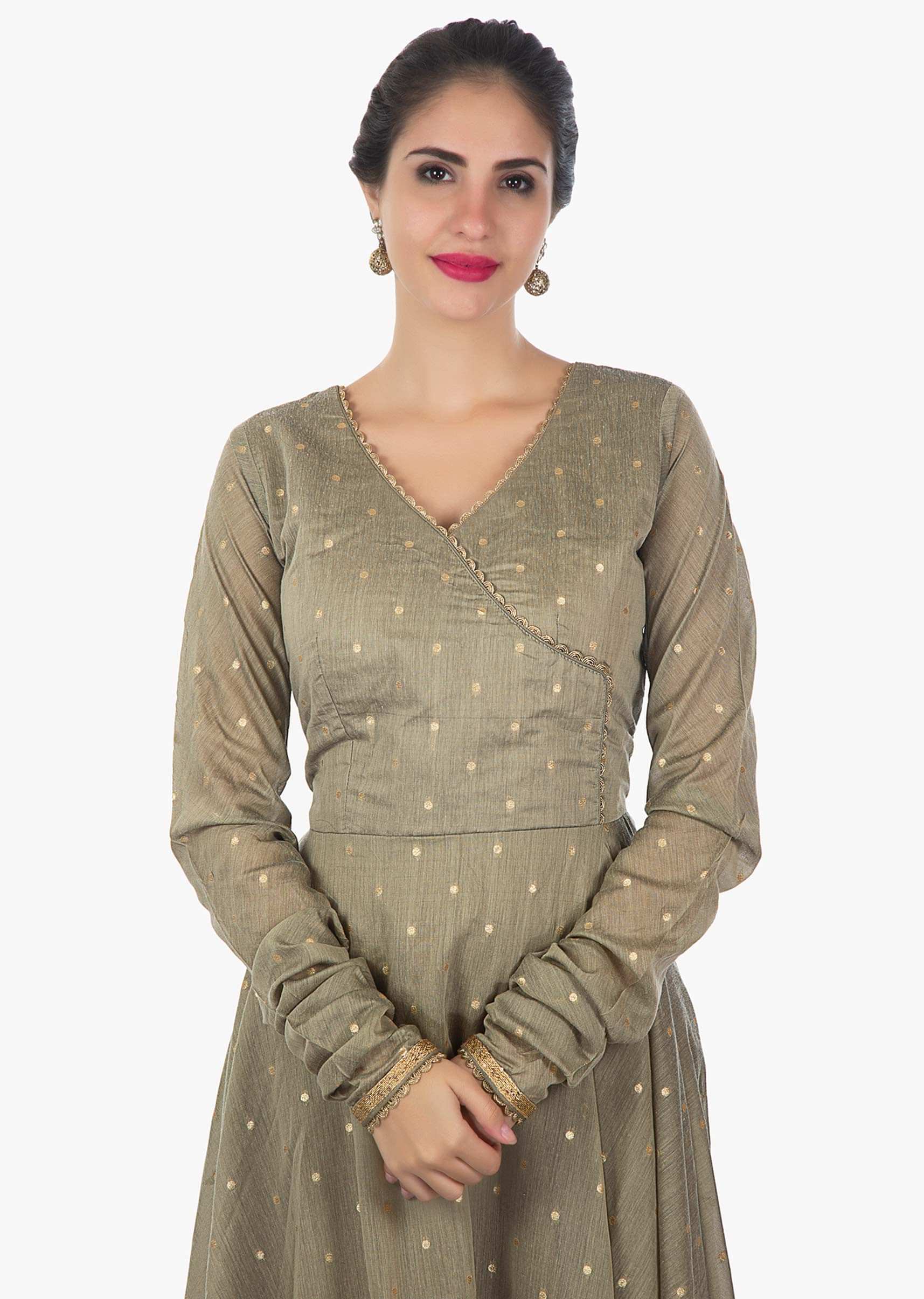 Flexen brown cotton silk anarkali with over lapping neck line only on Kalki