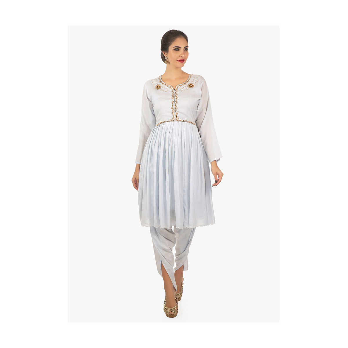 Flint blue cotton kurti with gathers paired with over lapping dhoti pant only on Kalki