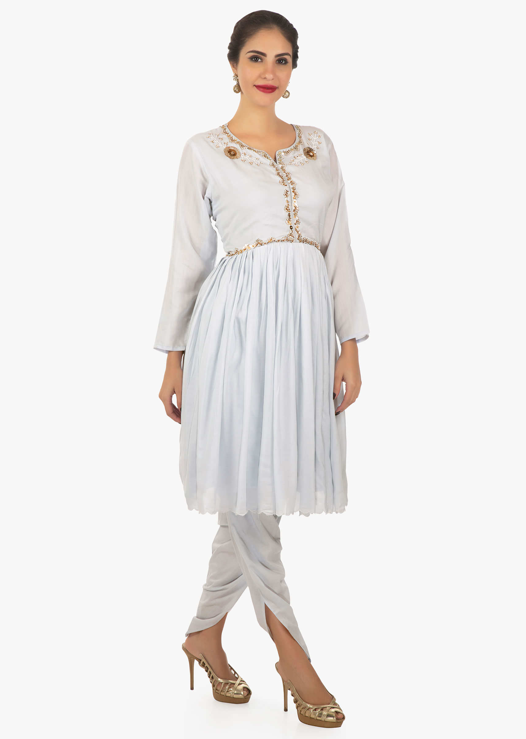 Flint blue cotton kurti with gathers paired with over lapping dhoti pant