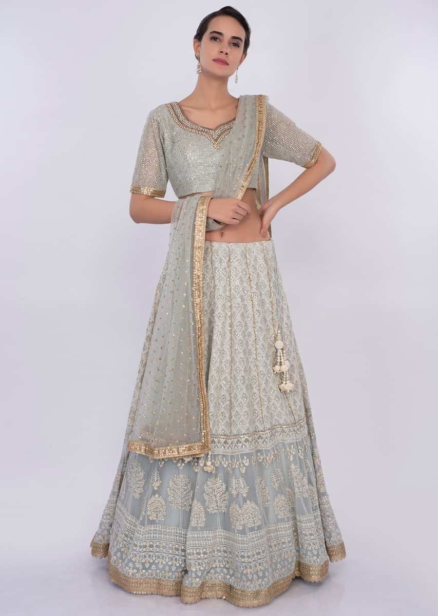 Flint Grey Lehenga Set With Lucknowi Embroidery Online - Kalki Fashion