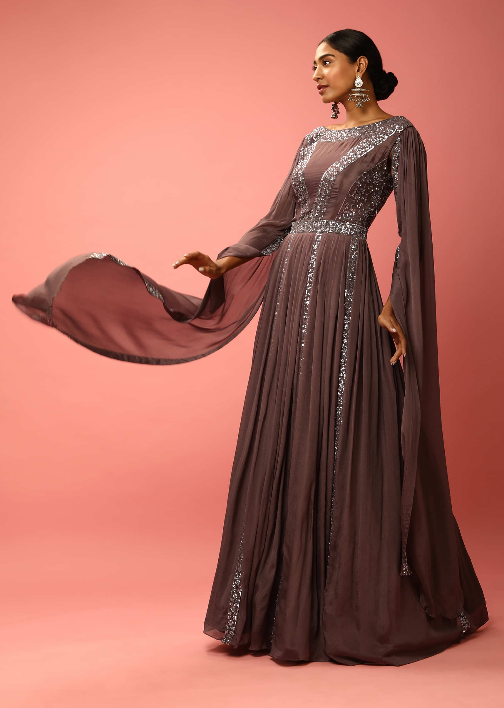 Flint Purple Indowestern Gown With Sequins Embroidery And Extended Sleeves