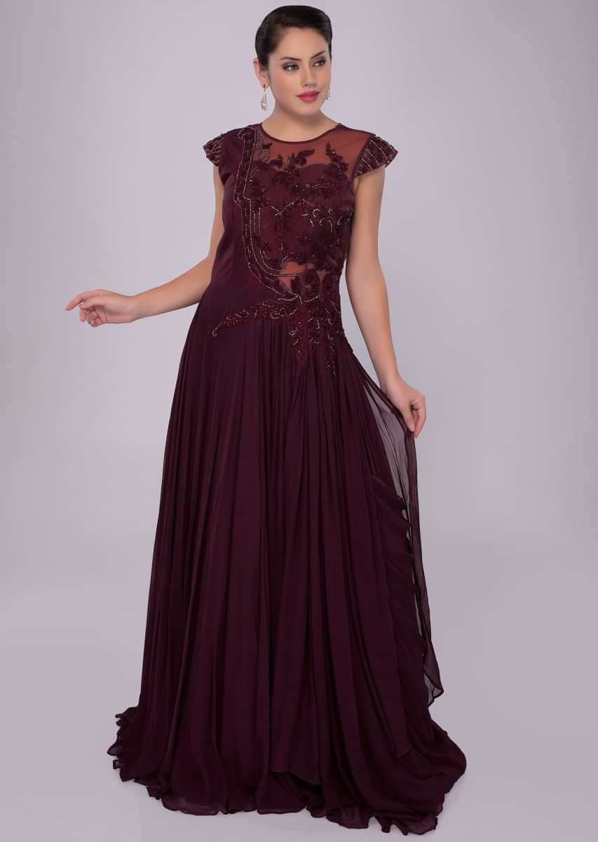 Floor length wine gown with raw silk and net embroidered bodice