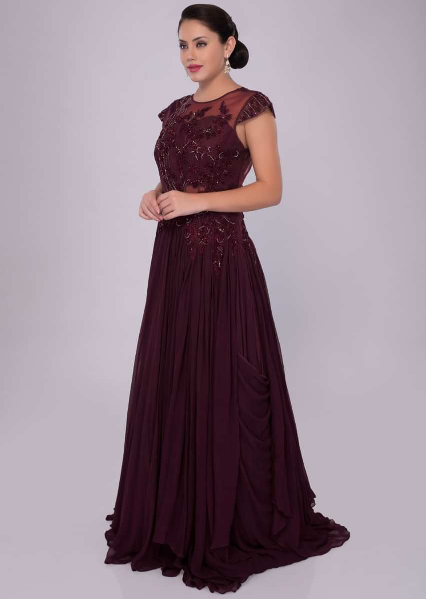 Floor length wine gown with raw silk and net embroidered bodice only on ...