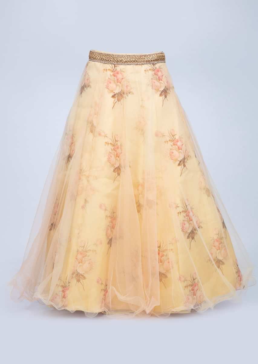 Floral printed organza lehenga with mint blue top and net dupatta only on Kalki