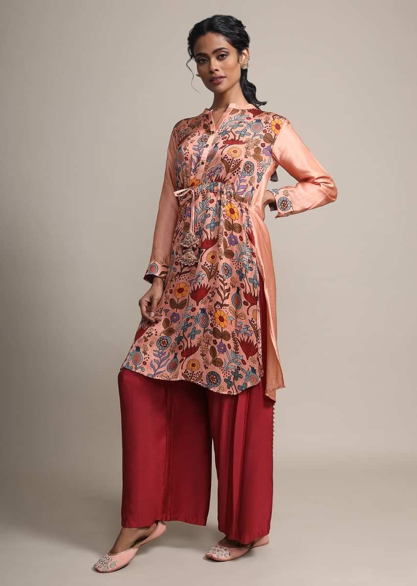 Floral Printed Peach Suit With Contrasting Maroon Palazzo Pants  
