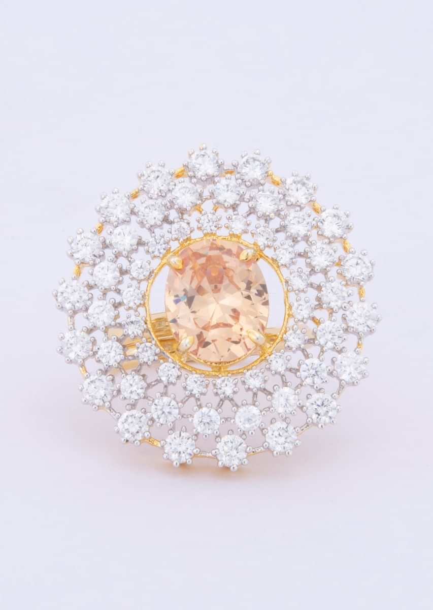 Floral shape diamond studded ring with honey gold stone  only on kalki