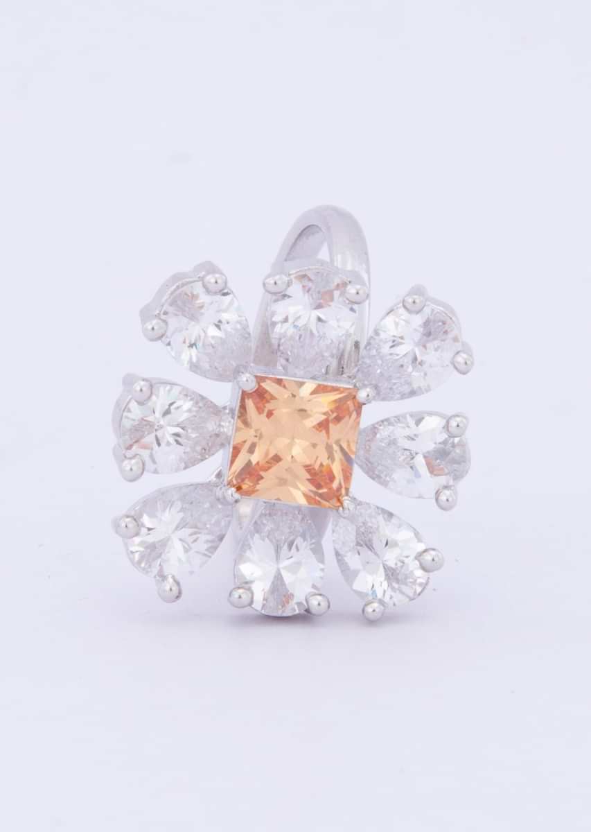 Floral shape ring with pearl cut diamond and honey gold princess cut stone only on kalki