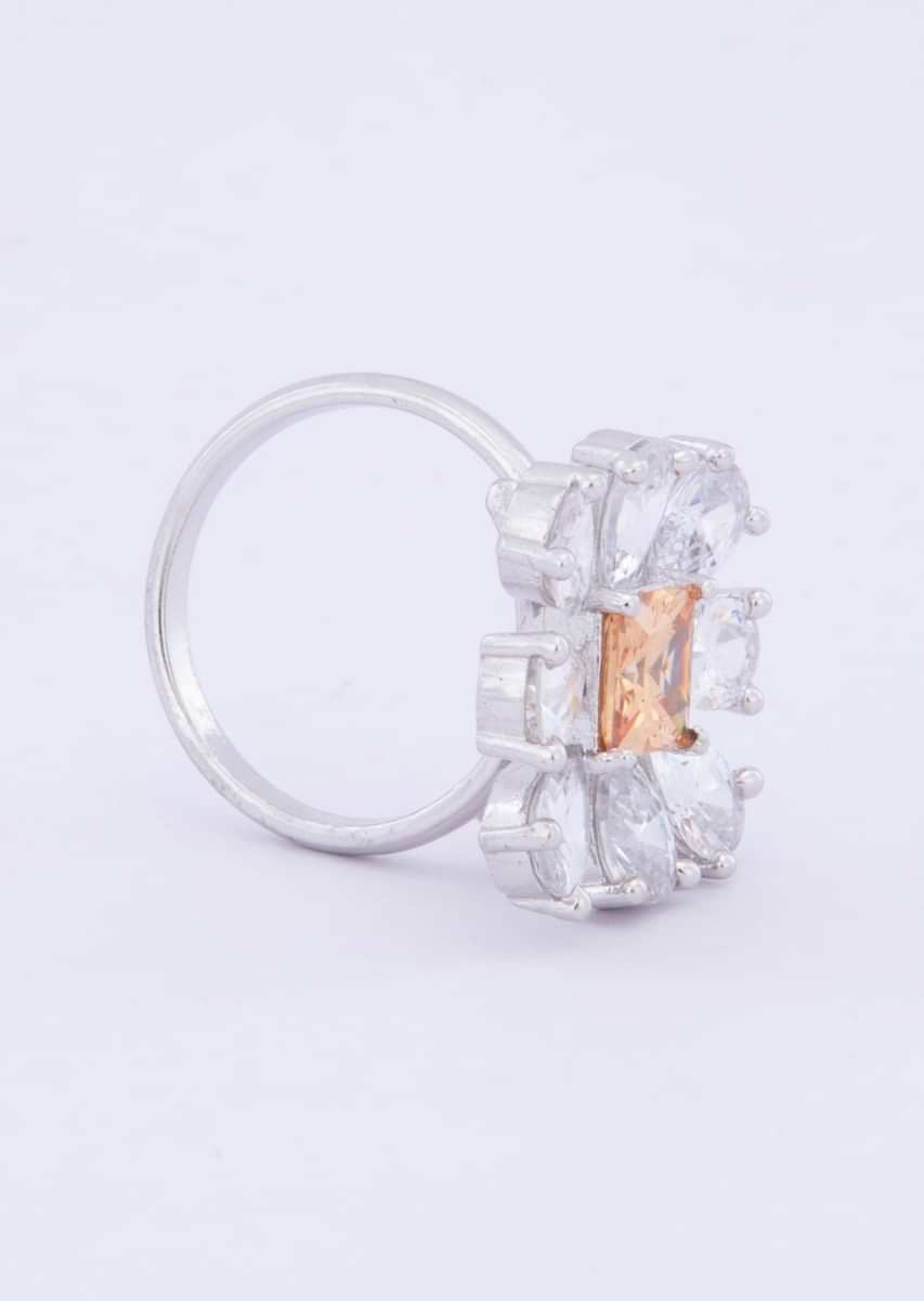 Floral shape ring with pearl cut diamond and honey gold princess cut stone only on kalki
