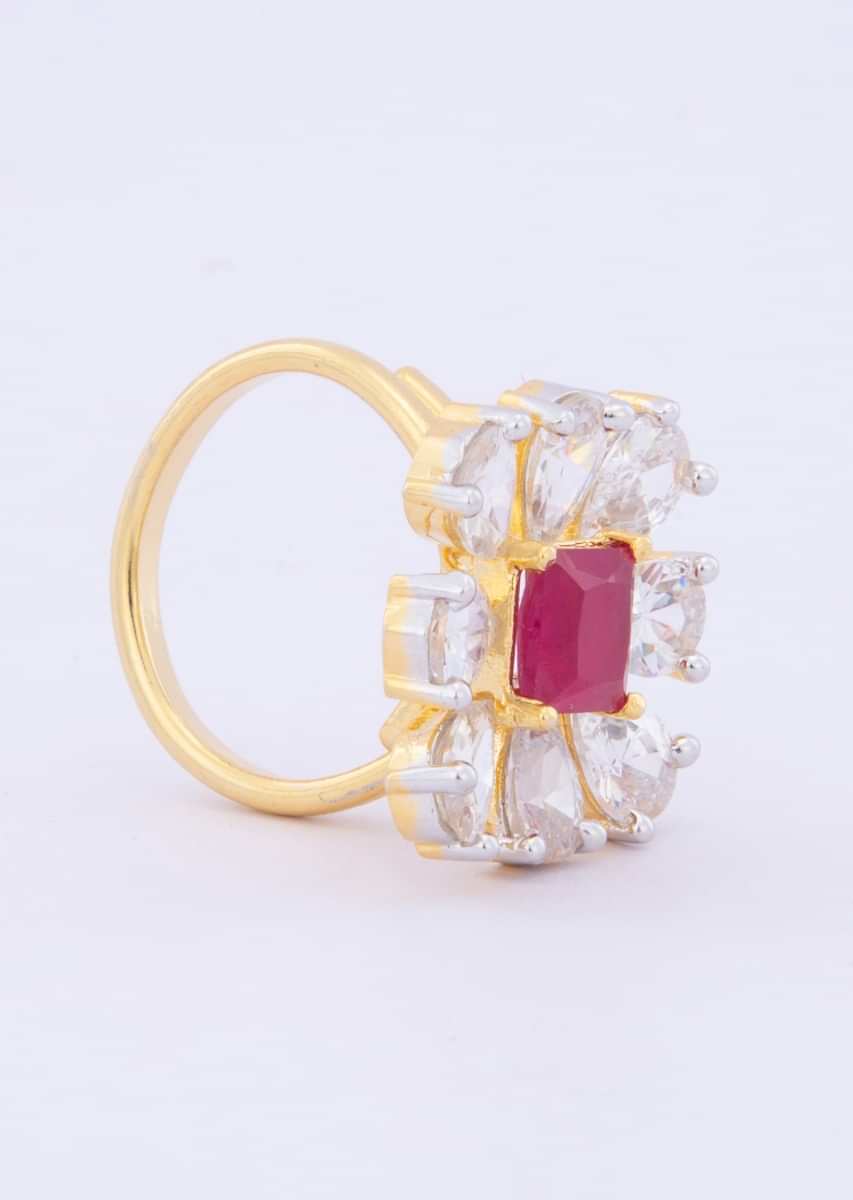 Floral shape ring with pearl cut diamond and pink princess cut stone only on kalki