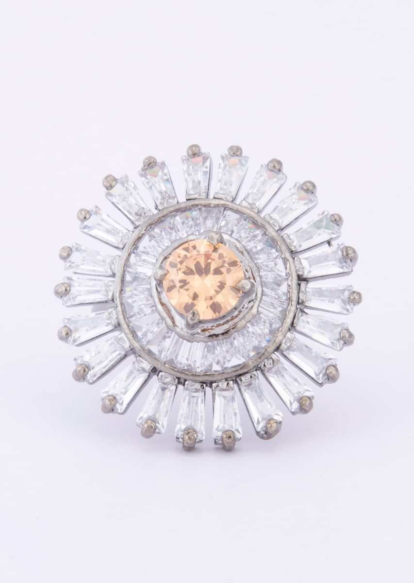 Floral shape silver coated ring adorn with buggle bead and honey beige stone only on Kalki