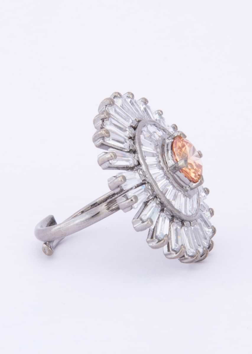 Floral shape silver coated ring adorn with buggle bead and honey beige stone only on Kalki