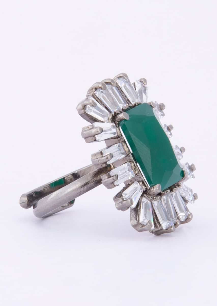 Floral shape sliver ring with dazzling buggle beads and emerald green stone only on Kalki