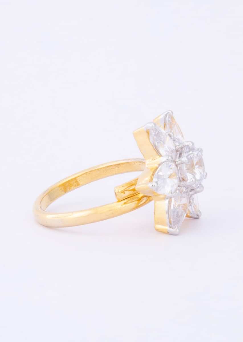 Floral shaped gold plated ring adorn with Cz Diamonds only on Kalki