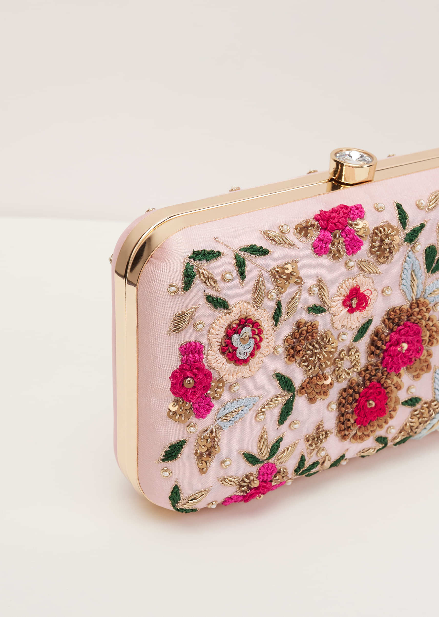 Floral Embroidered Clutch With Candy Pink Silk Base