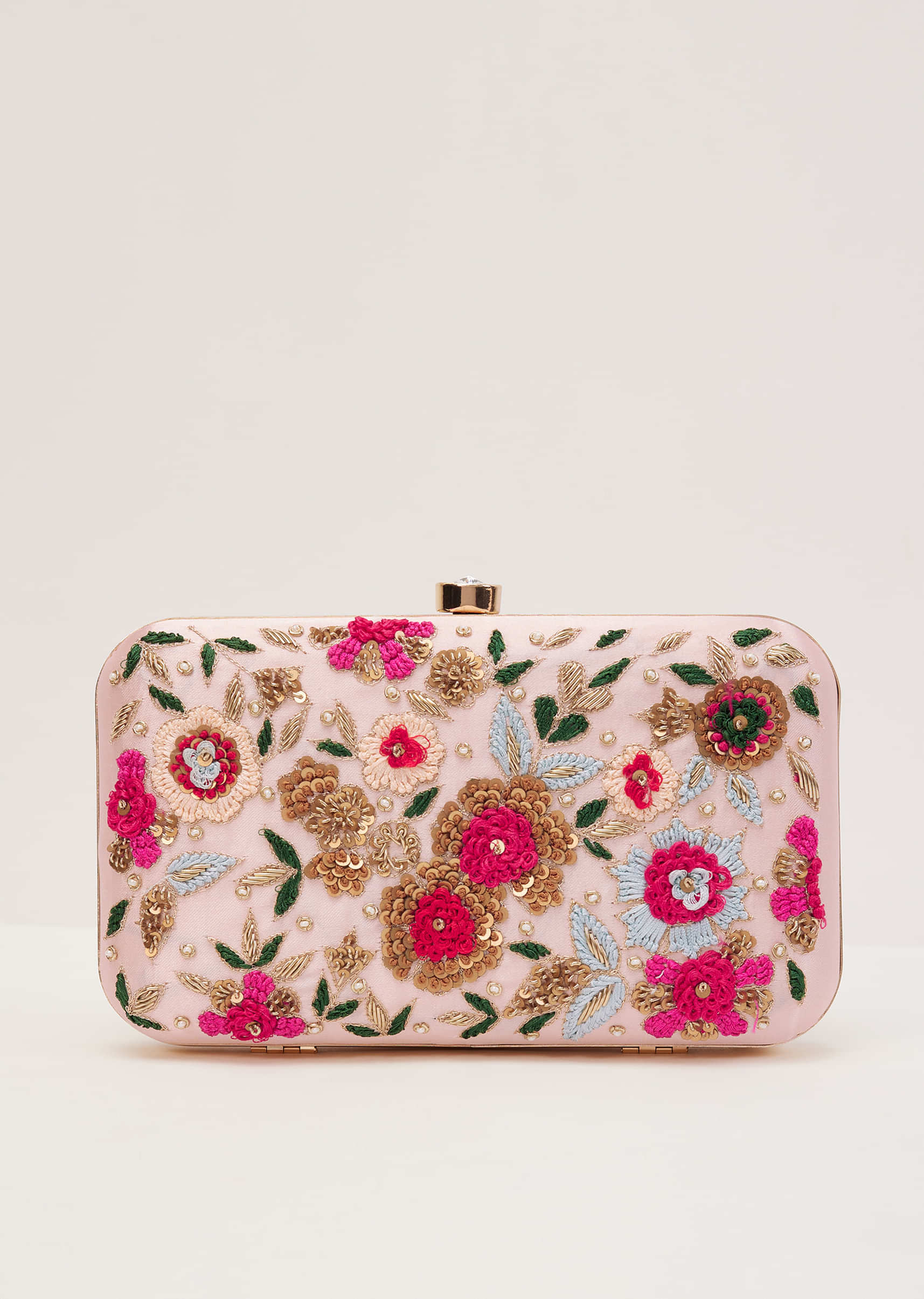Floral Embroidered Clutch With Candy Pink Silk Base
