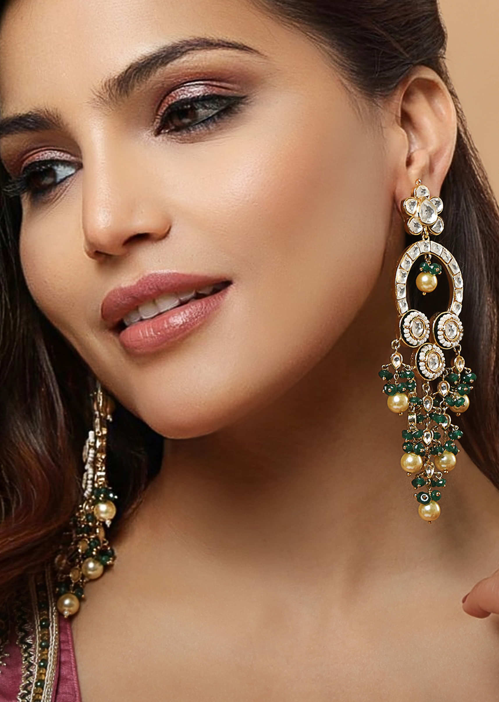 Floral Kundan With Pearls And Green Beads Drop Long Ethnic Earrings