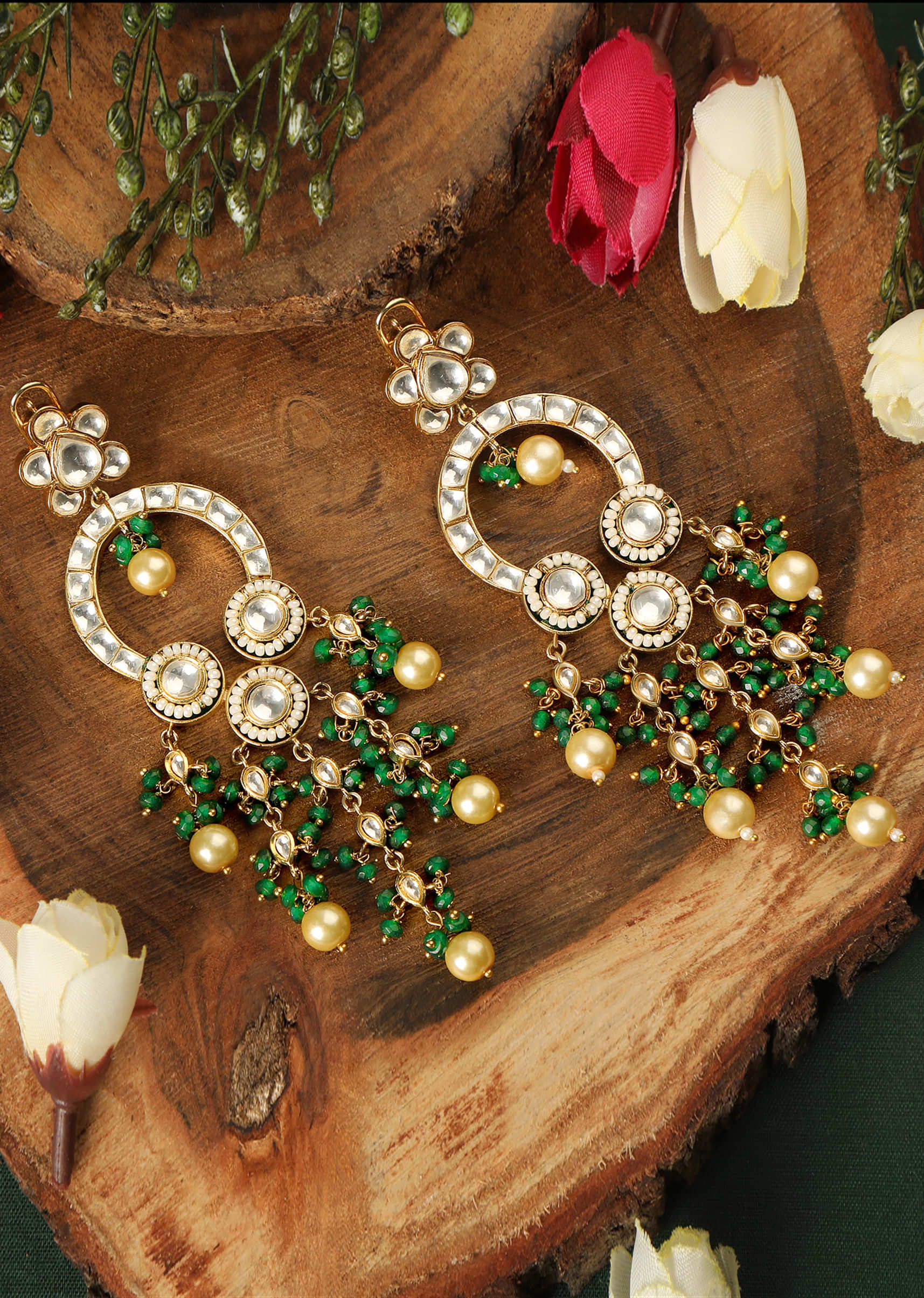 Floral Kundan With Pearls And Green Beads Drop Long Ethnic Earrings
