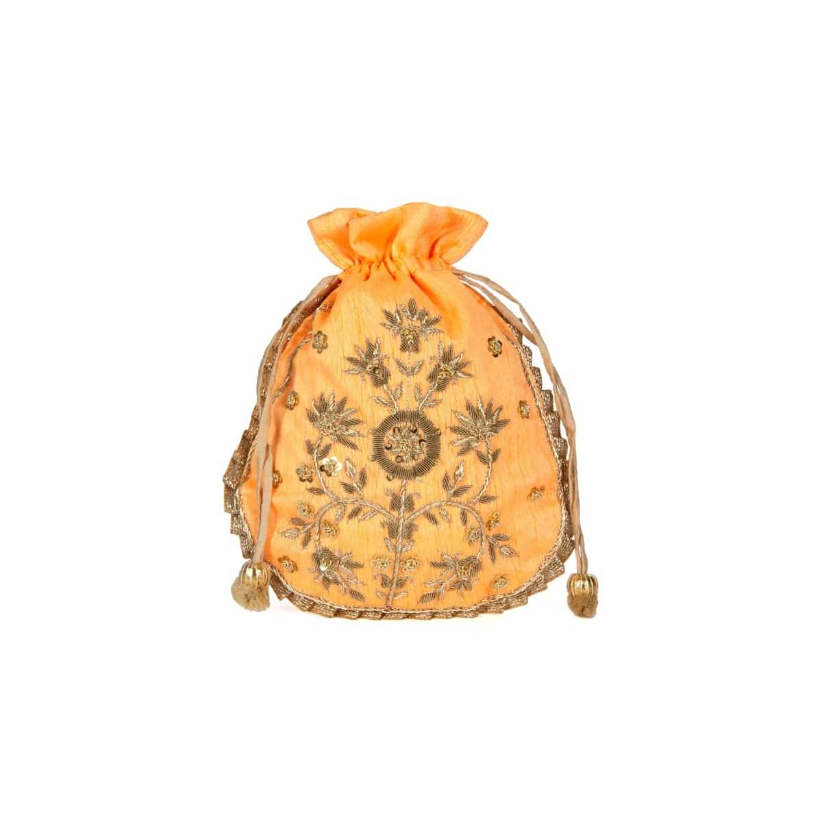 Florescent Orange Potli Bag In Raw Silk With Zardosi And Sequins Buttis Online - Kalki Fashion