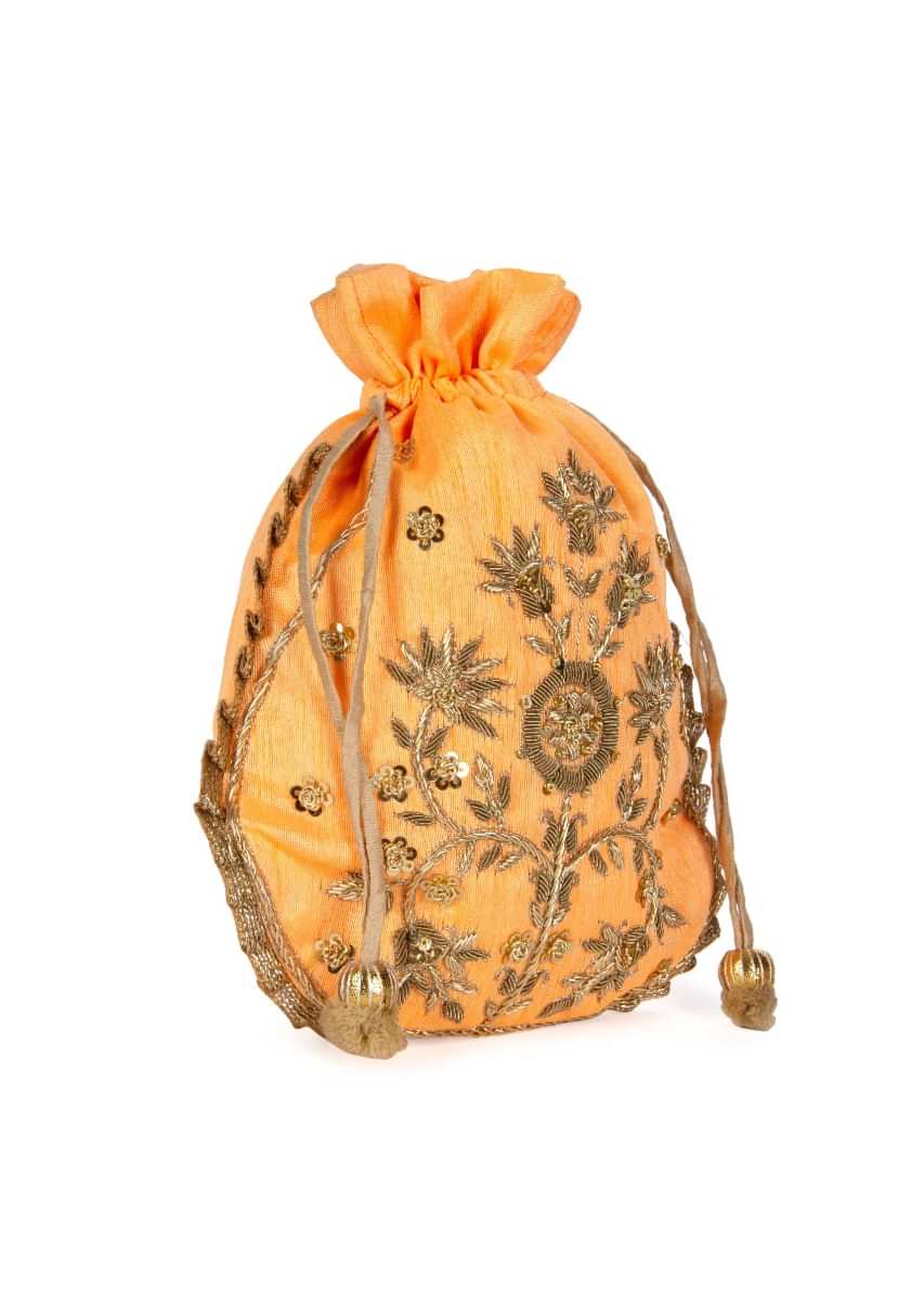 Florescent Orange Potli Bag In Raw Silk With Zardosi And Sequins Buttis Online - Kalki Fashion