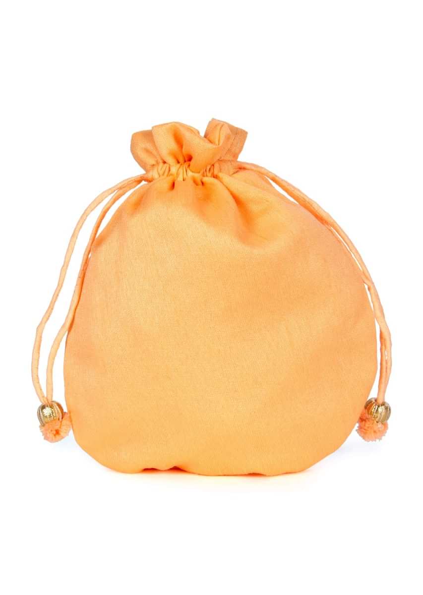 Florescent orange velvet potli bag embellished in gotta patch and moti kalki