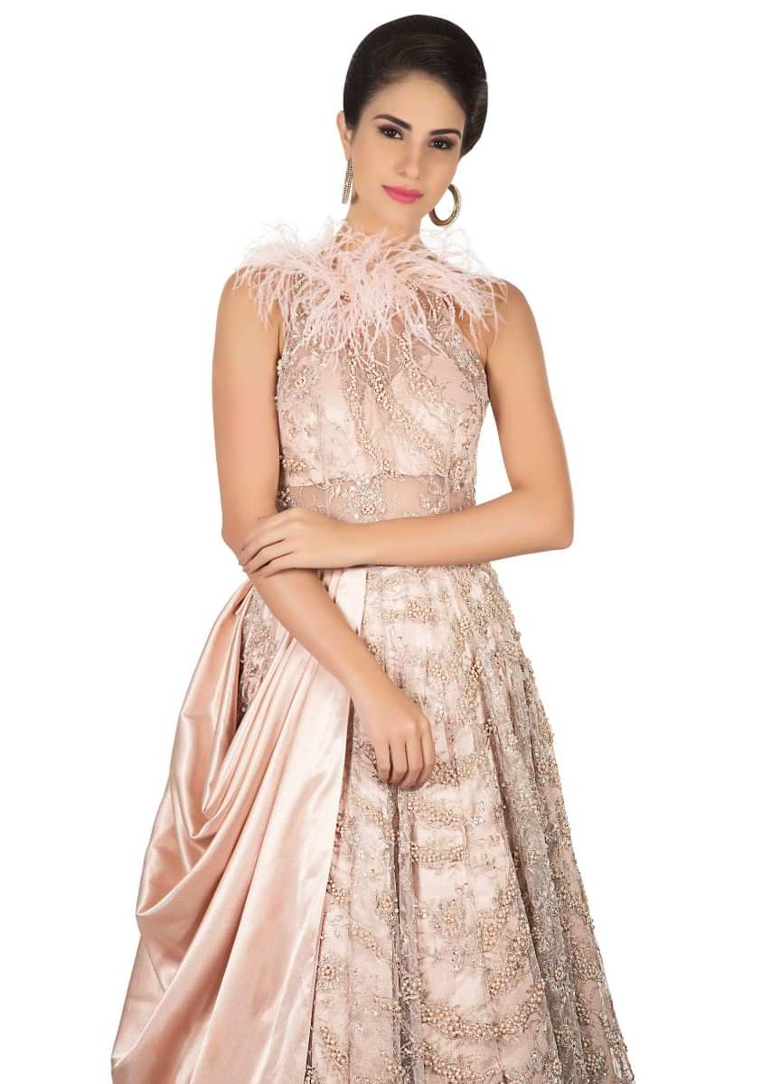 Flushed Pink Gown With Halter Neckline And Long Trail Online - Kalki Fashion