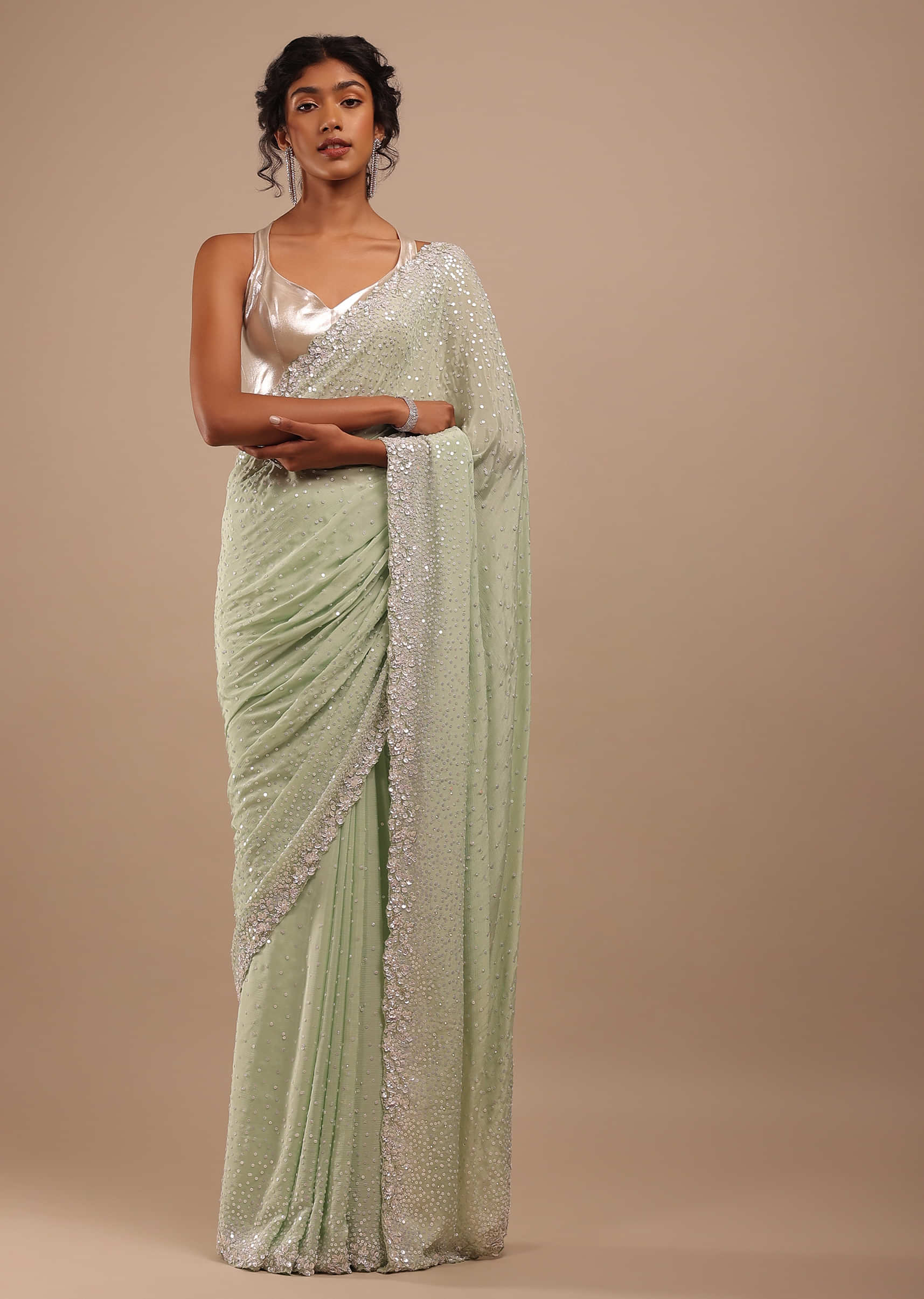 Foam Green Chiffon Saree In 3D Silver Petal And Floral Motifs Embroidery With Sequins Cascading Down
