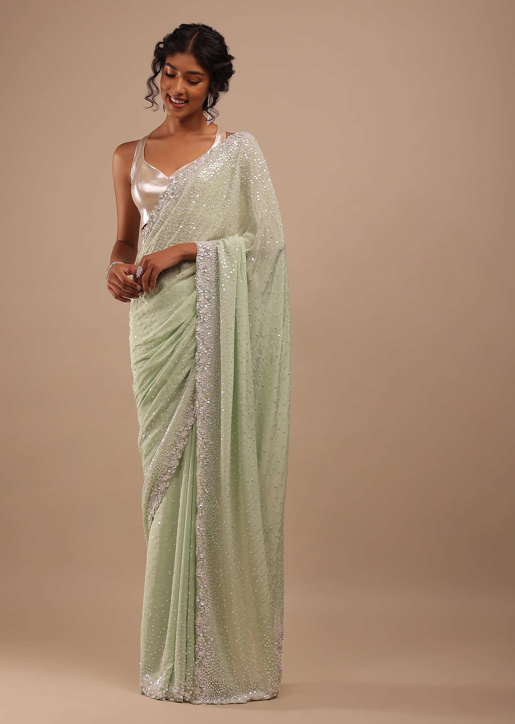 Foam Green Chiffon Saree In 3D Silver Petal And Floral Motifs Embroidery With Sequins Cascading Down