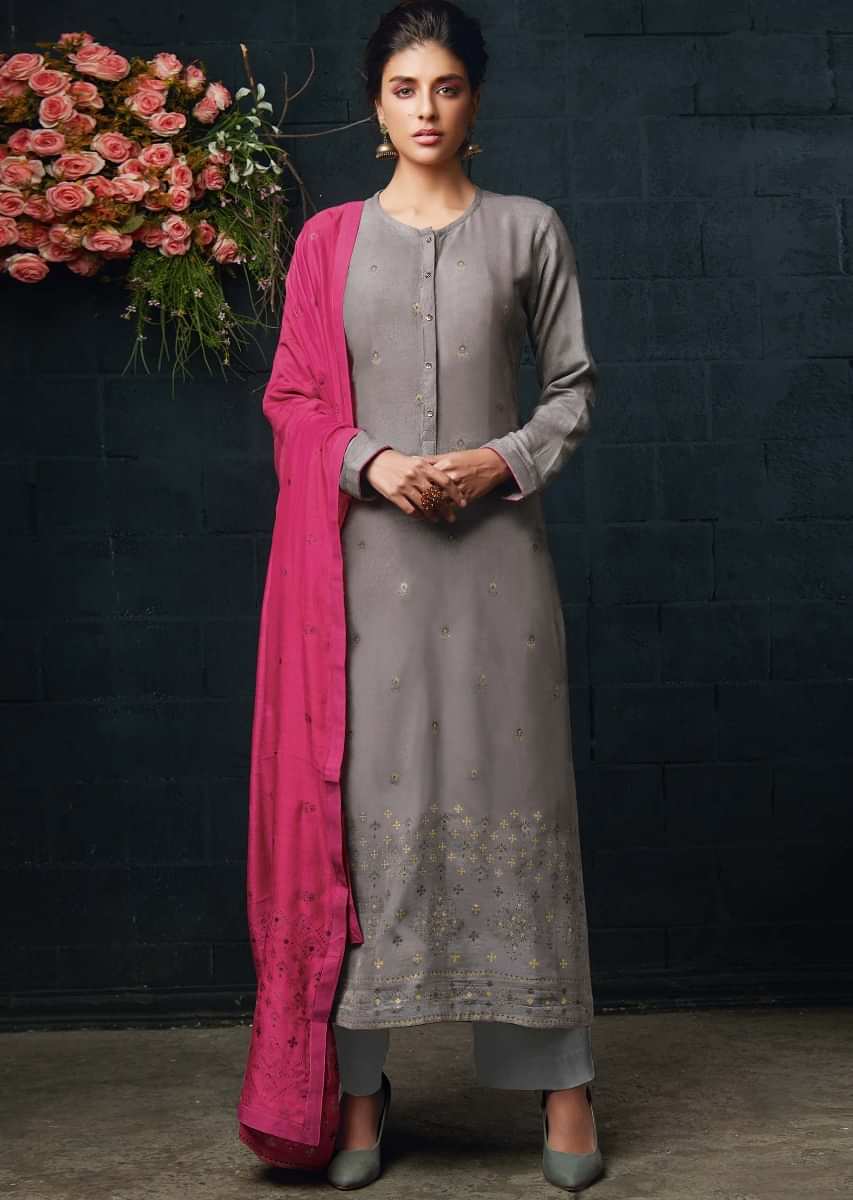 Fog grey unstitched suit in cotton with foil printed butti in floral and geometric motif