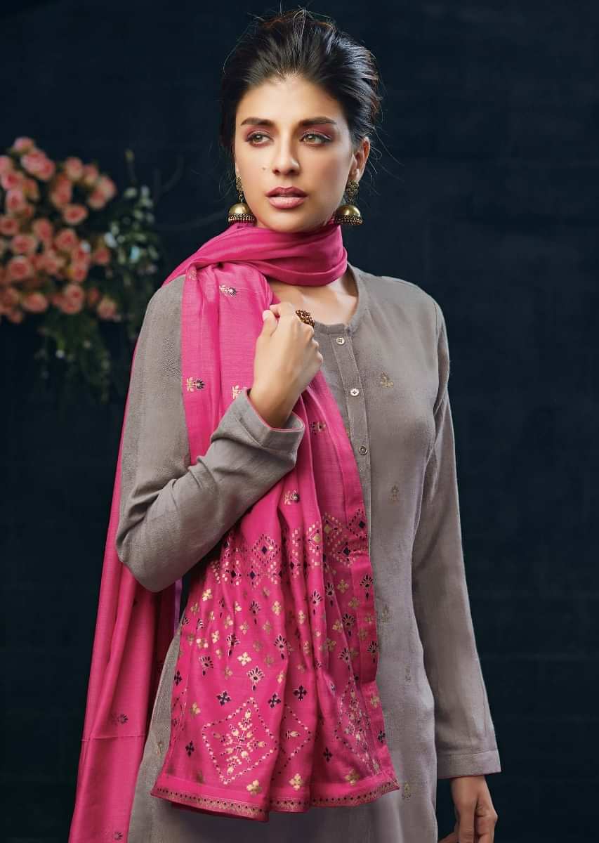 Fog grey unstitched suit in cotton with foil printed butti in floral and geometric motif