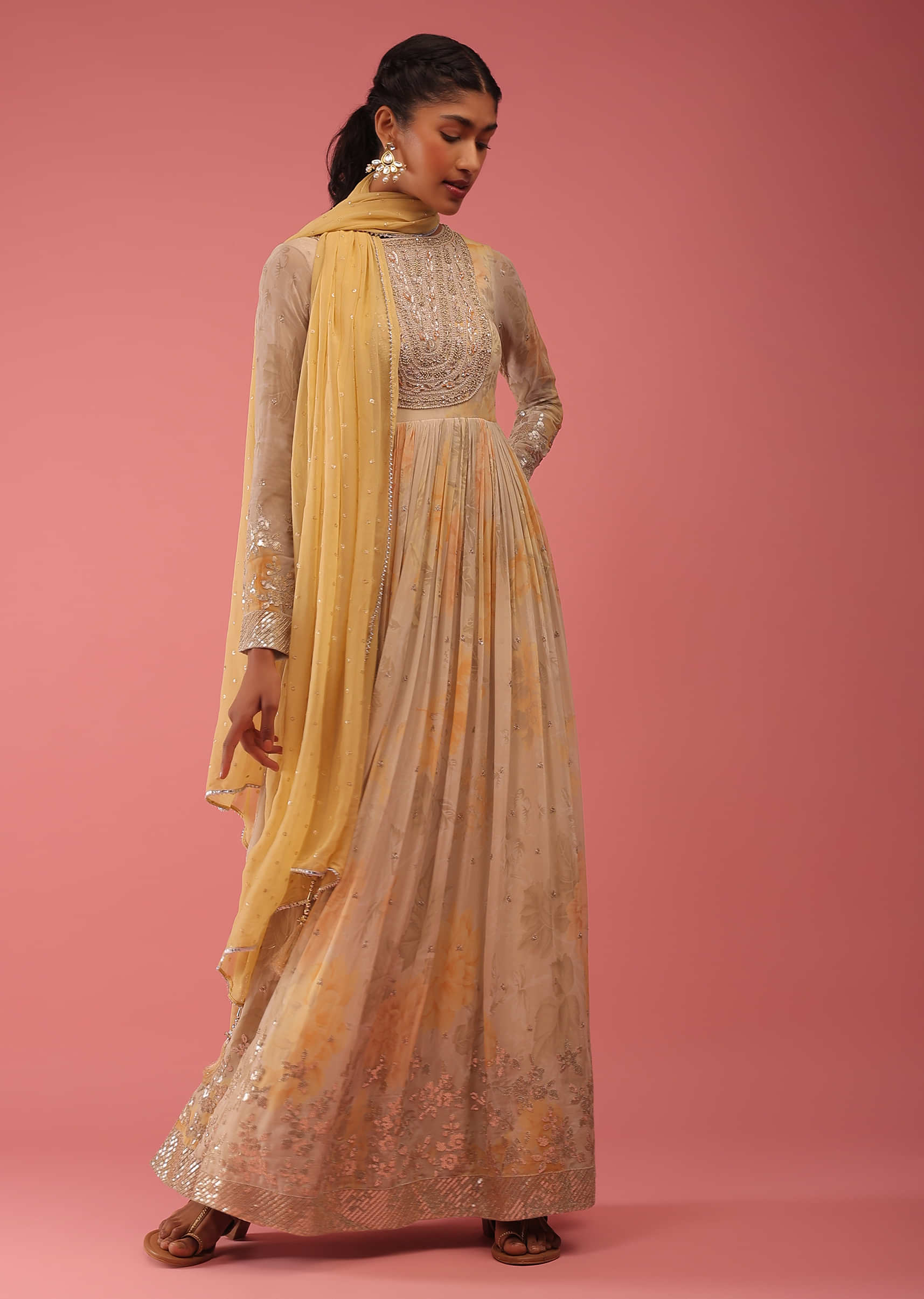 Daffodil Yellow Anarkali Suit With Sequin Embroidery And A Multicolor Floral Print